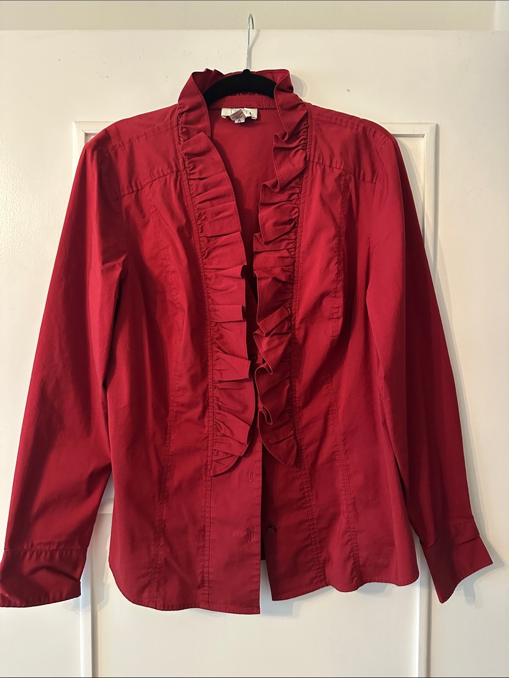 LOFT Burgundy Ruffle Front Button-Down Blouse